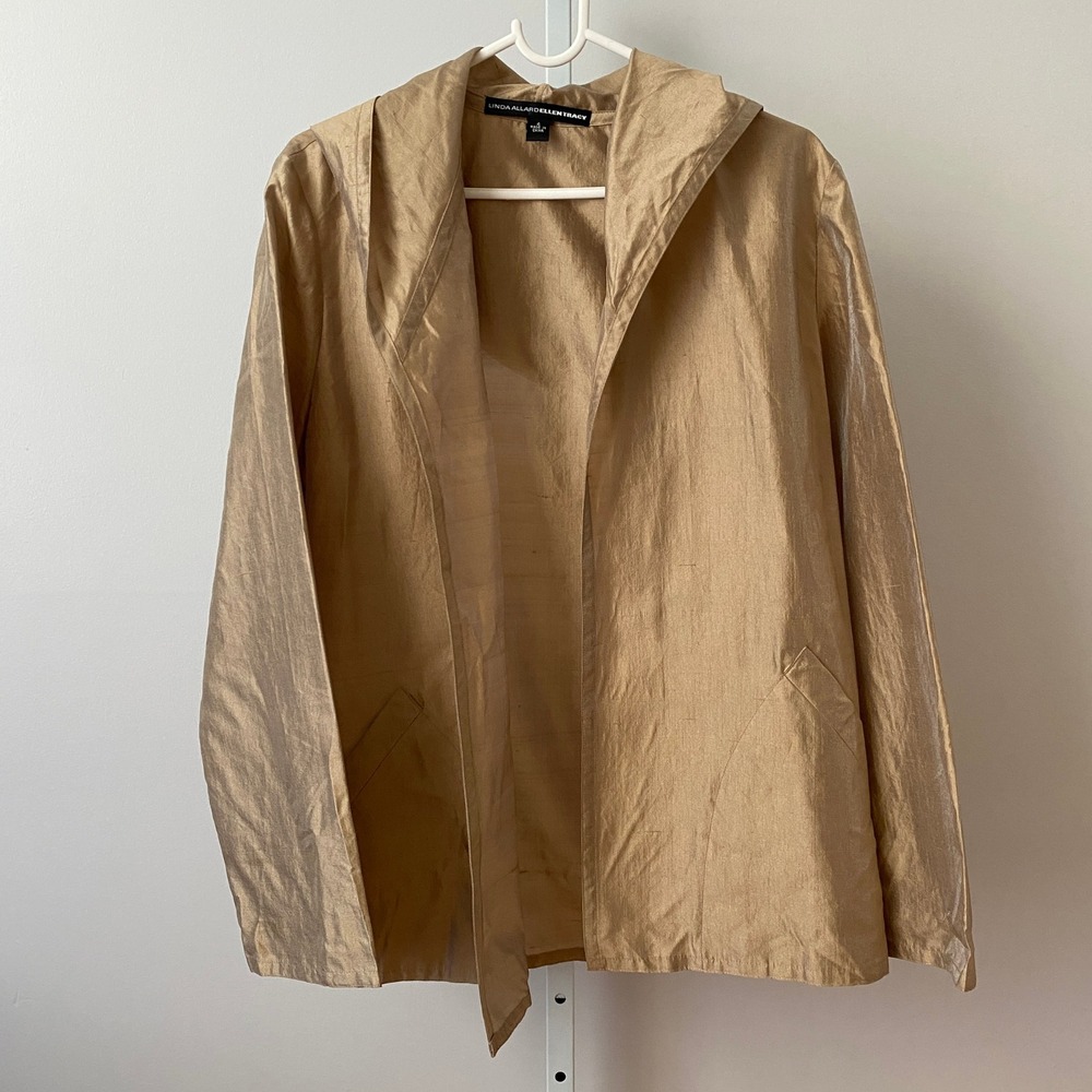 Linda Allard Ellen Tracy 4 Gold Silk Blend Hooded Open Front Jacket Shimmer Luxe